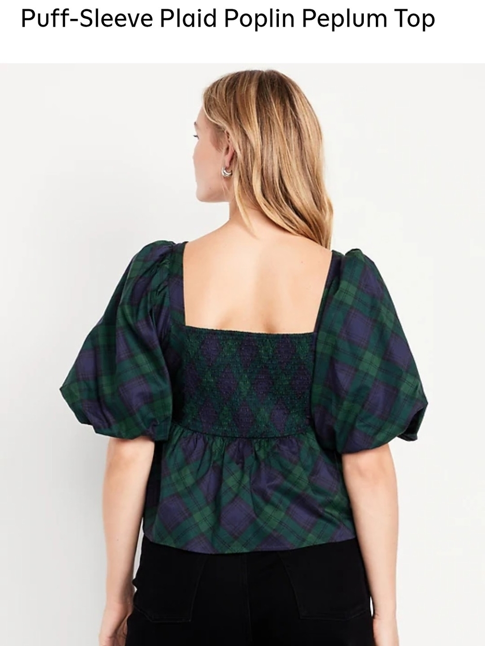 Old Navy Green & Navy Plaid Puff-Sleeve Peplum Top